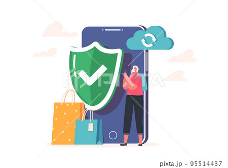 Female Customer Stand at Huge Smartphone with Shield and Cloud for Safe Cashless Online Paying. Woman Buyer with Goods Female Customer Stand at Huge Smartphone with Shield and Cloud for Safe Cashless Online Paying. Woman Buyer with Goods 95514437