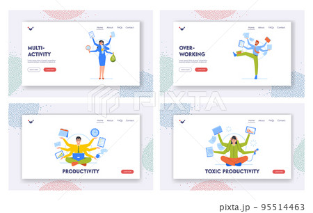 Worker Multitasking Skills Landing Page Template Set. Business People With Many Arms Doing Multiple Tasks At Same Time 95514463