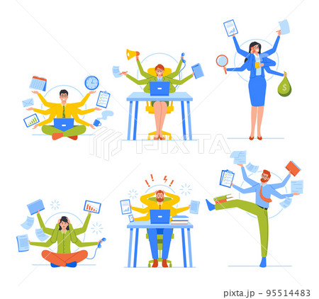 Set of Business People With Many Arms Doing Multiple Tasks At The Same Time in Office. Worker Multitasking Skills 95514483