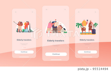 Elderly Travelers Mobile App Page Onboard Screen Template. Senior Tourists in Foreign City, Old Characters Traveling 95514494