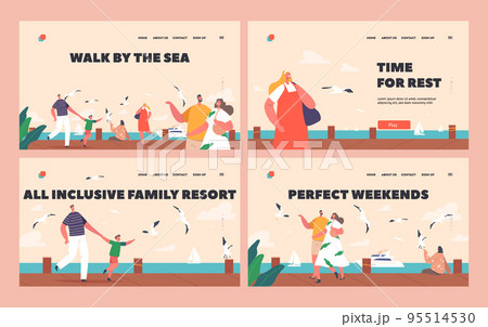 People Walk by the Sea Landing Page Template Set. Happy Characters Walking along Embankment with Seaview 95514530
