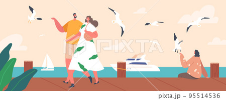 Happy Couple Characters Walking along Embankment with Seaview with Floating Yacht and Flying Gulls. Man and Woman 95514536