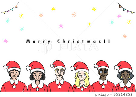 笑顔でサンタクロースの帽子をかぶったインバウンドのクリスマスカード　マスクなし 95514853