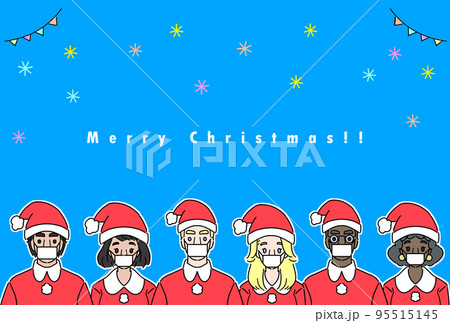 サンタクロースの帽子をかぶったインバウンドのクリスマスカード　マスクあり、背景青 95515145