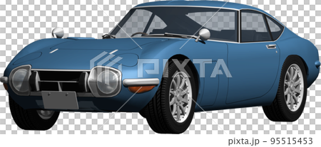 トヨタ2000GTデザイン画 昔懐かしいトヨタ2000GTの自動車画像、背景透明の切抜き画像イラストの