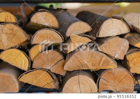 Firewood stacked up in a pile for abstract background 95516352