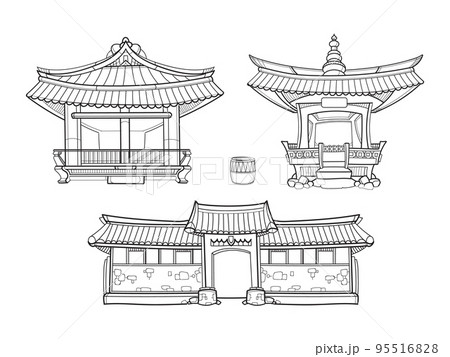 Hanok Korean traditional architecture vector outline set 95516828