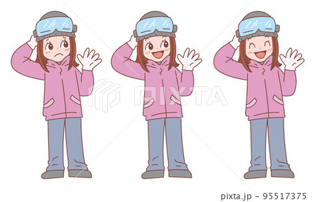スキーウェアを着ている女性 表情バリエーションセットのイラスト素材