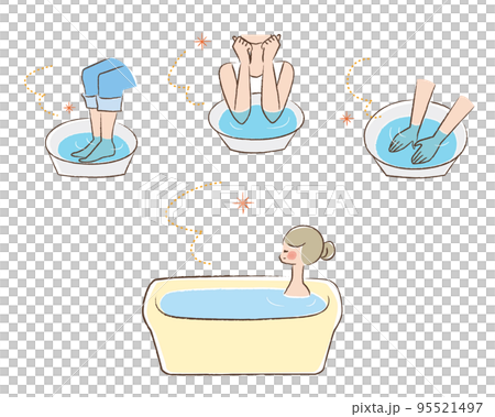Foot bath, elbow bath, hand bath, full body bath line drawing color set 95521497