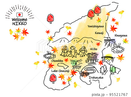 秋の日光の観光地のシンプル線画イラストマップ 95521767