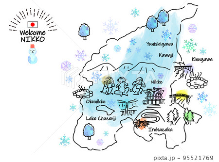 冬の日光の観光地のシンプル線画イラストマップ 95521769