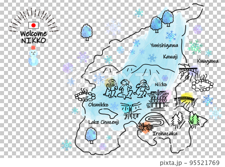 冬の日光の観光地のシンプル線画イラストマップ 95521769