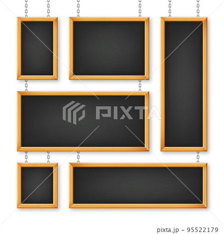 Signboards in a wooden frame hanging on a metal chain. Restaurant menu board. School chalkboard, writing surface for text or drawing. Blank advertising or presentation boards. Vector illustration 95522179