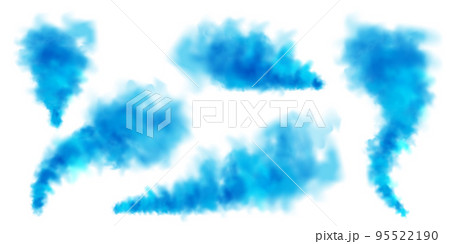 Blue colorful smoke clouds isolated on white background, realistic mist effect, fog. Vapor in the air, steam flow. Vector illustration 95522190