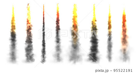 Realistic black smoke with fire, space rocket launch trails. Fire burst, explosion. Missile or bullet trail. Jet aircraft tracks. Smoke clouds, fog. Steam flow. Vector illustration 95522191