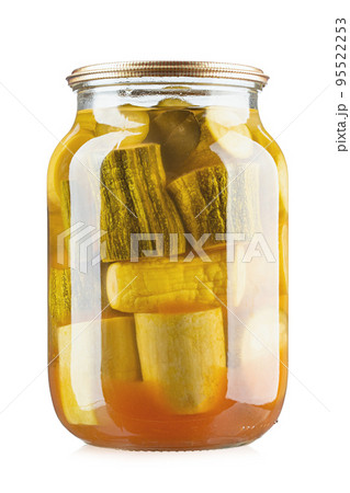 Jar of canned zucchini, isolated on white background, full depth of field. Marinated zucchini.  95522253