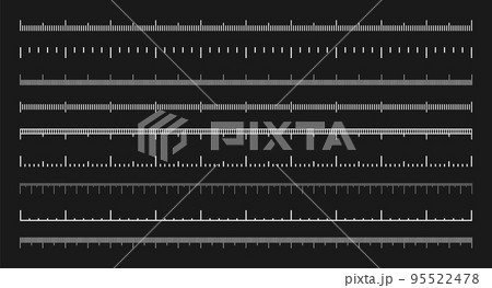 Various measurement scales with divisions. Realistic white scale for measuring length or height in centimeters, millimeters or inches. Ruler, tape measure marks, size indicators. Vector illustration Various measurement scales with divisions. Realistic white scale for measuring length or height in centimeters, millimeters or inches. Ruler, tape measure marks, size indicators. Vector illustration 95522478