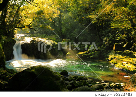 【熊本県】菊池渓谷の黎明の滝の光芒 95523482