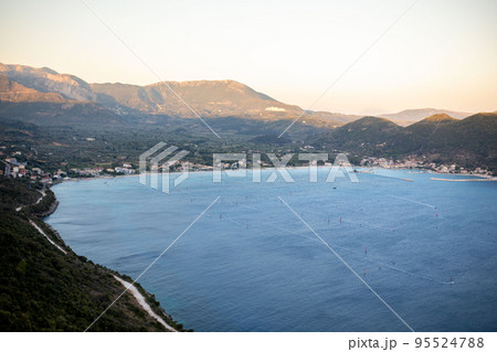 overhead view of Vasiliki town sea beach windsurfing 95524788
