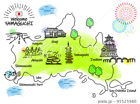 手書きの山口県の観光地のシンプル線画イラストマップ 手書きの山口県の観光地のシンプル線画イラストマップ 95525980
