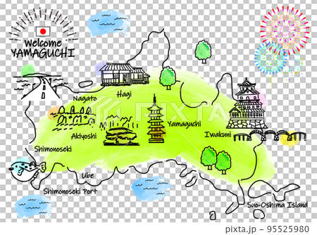 Handwritten simple line drawing illustration map of sightseeing spots in Yamaguchi Prefecture 95525980