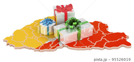 Gift boxes on the Bhutanese map. Christmas and New Year holidays in Bhutan concept. 3D rendering 95526019