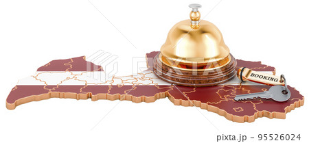 Latvia booking concept. Latvian flag with hotel key and reception bell, 3D rendering 95526024