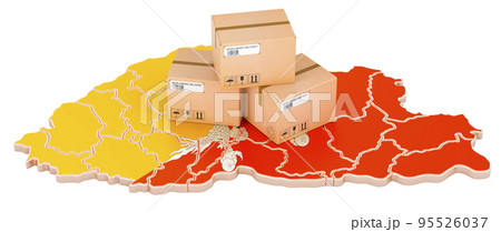 Parcels on the Bhutanese map. Shipping in Bhutan, concept. 3D rendering 95526037