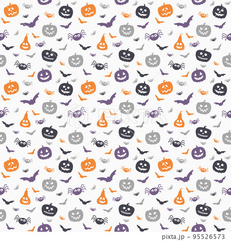 Background with funny pumpkin lanterns, bats and spiders. Halloween seamless pattern. Vector Background with funny pumpkin lanterns, bats and spiders. Halloween seamless pattern. Vector 95526573