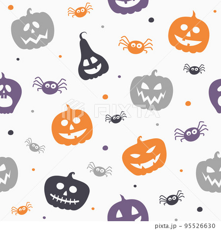 Halloween pattern with funny pumpkin lanterns and spiders. Vector 95526630