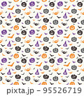 Creepy Halloween wallpaper with pumpkins, bats and spiders. Seamless pattern. Vector 95526719