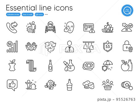 Ph neutral, Share call and Like line icons. Collection of New house, Job interview, Budget accounting icons. Umbrella, Organic waste, Human web elements. Healthy face, Ceiling lamp, Beer. Vector 95526763