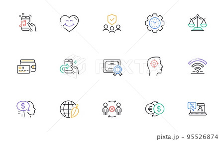 Pay, Engineering team and Certificate line icons for website, printing. Collection of People insurance, Share call, Smile face icons. Music phone, Wifi, Recruitment web elements. Vector 95526874