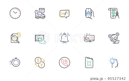 Canister oil, Idea and 24h service line icons for website, printing. Collection of Divider document, Fast recovery, Time icons. 5g internet, Notification bell, Delivery web elements. Vector 95527342