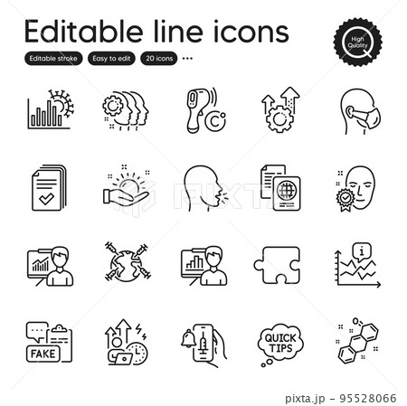 Set of Science outline icons. Contains icons as Vaccine announcement, Seo gear and Quick tips elements. Puzzle, Cough, Chemical formula web signs. Coronavirus statistics, Handout. Vector 95528066