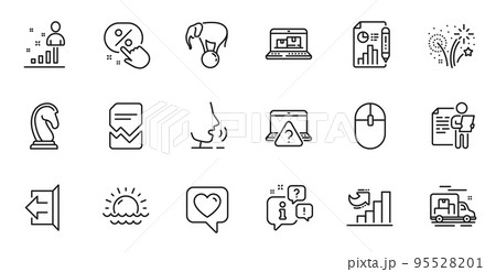 Outline set of Marketing strategy, Stats and Sign out line icons for web application. Talk, information, delivery truck outline icon. Include Computer mouse, Fireworks, Elephant on ball icons. Vector 95528201