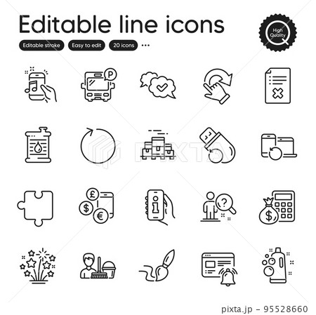 Set of Business outline icons. Contains icons as Currency rate, Finance calculator and Recovery devices elements. Cleaning service, Loop, Info app web signs. Approved, Bus parking. Vector 95528660