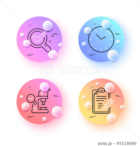 Vaccine report, Microscope and Chemistry lab minimal line icons. 3d spheres or balls buttons. Time icons. For web, application, printing. Vaccination report, Laboratory science, Lab research. Vector Vaccine report, Microscope and Chemistry lab minimal line icons. 3d spheres or balls buttons. Time icons. For web, application, printing. Vaccination report, Laboratory science, Lab research. Vector 95528680