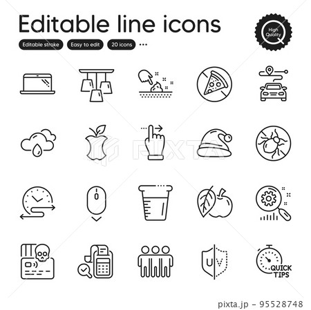 Set of Business outline icons. Contains icons as Friendship, Apple and Organic waste elements. Journey, Santa hat, Uv protection web signs. Ceiling lamp, Touchscreen gesture, Bed bugs elements. Vector Set of Business outline icons. Contains icons as Friendship, Apple and Organic waste elements. Journey, Santa hat, Uv protection web signs. Ceiling lamp, Touchscreen gesture, Bed bugs elements. Vector 95528748