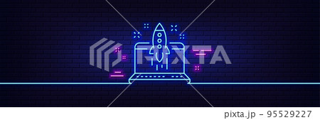 Neon light glow effect. Start business line icon. Launch crowdfunding project sign. Innovation symbol. 3d line neon glow icon. Brick wall banner. Start business outline. Vector 95529227