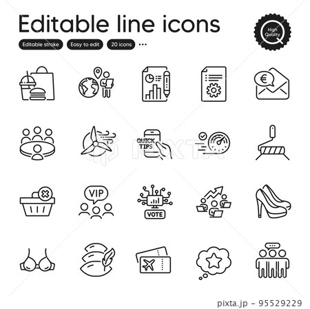 Set of Business outline icons. Contains icons as Pillow, Bra and Paint roller elements. Windmill turbine, Fast food, Shoes web signs. Vip clients, Euro money, Boarding pass elements. Vector 95529229