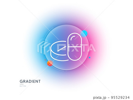 Medical drugs line icon. Gradient blur button with glassmorphism. Medicine pills sign. Pharmacy medication symbol. Transparent glass design. Medical drugs line icon. Vector 95529234