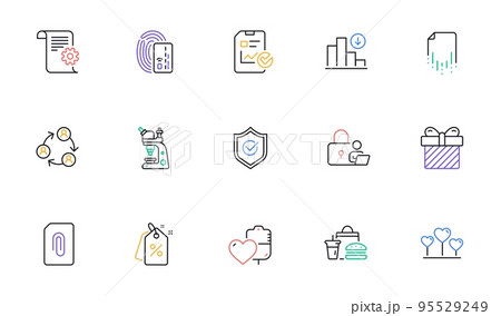 Surprise, Approved shield and Discount tags line icons for website, printing. Collection of Fast food, Microscope, Technical documentation icons. Report checklist, Lock, Card web elements. Vector 95529249