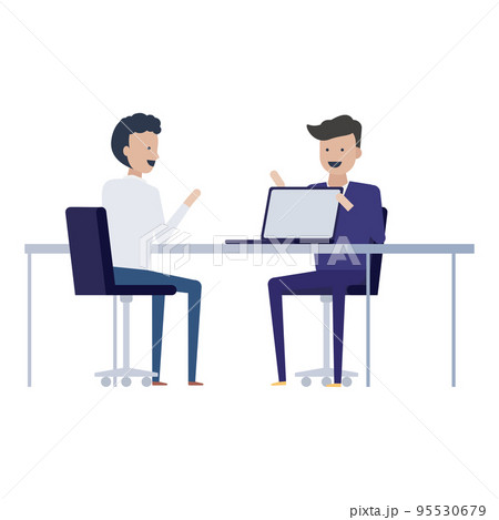 パソコンの画面を共有しながら打ち合わせをする2人のビジネスマンのイラスト素材 95530679