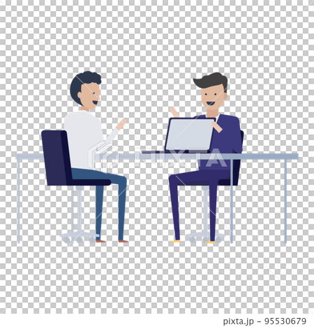 パソコンの画面を共有しながら打ち合わせをする2人のビジネスマンのイラスト素材 95530679