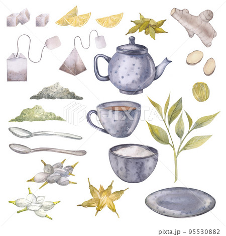 Watercolor illustration tea set with cooking appliances. Hand painted card isolated on white background. Tea set with cooking appliances illustration for package design, cooking appliances. Watercolor illustration tea set with cooking appliances. Hand painted card isolated on white background. Tea set with cooking appliances illustration for package design, cooking appliances. 95530882