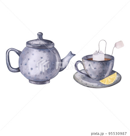 Watercolor illustration tea set with lemon. Hand painted card isolated on white background. Tea set illustration for package design, cooking appliances. Watercolor illustration tea set with lemon. Hand painted card isolated on white background. Tea set illustration for package design, cooking appliances. 95530987