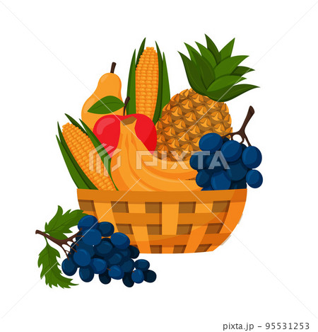 A wicker basket full of fruit. Corn cob, pineapple, bunch of grapes, bananas, apple, pear. Autumn harvest. Vegetarian, farm products. Cartoon color vector illustration isolated on a white background A wicker basket full of fruit. Corn cob, pineapple, bunch of grapes, bananas, apple, pear. Autumn harvest. Vegetarian, farm products. Cartoon color vector illustration isolated on a white background 95531253