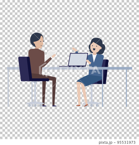 Illustration material of a business woman who explains in an easy-to-understand and polite manner while showing a computer screen 95531973