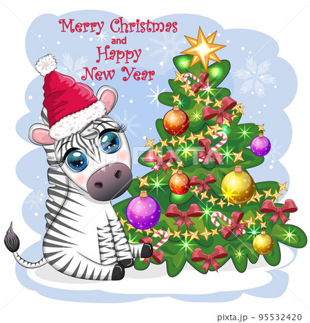 Merry Christmas and Happy New Year greeting card with cute zebra in santa hat with christmas ball, candy kane, gift 95532420